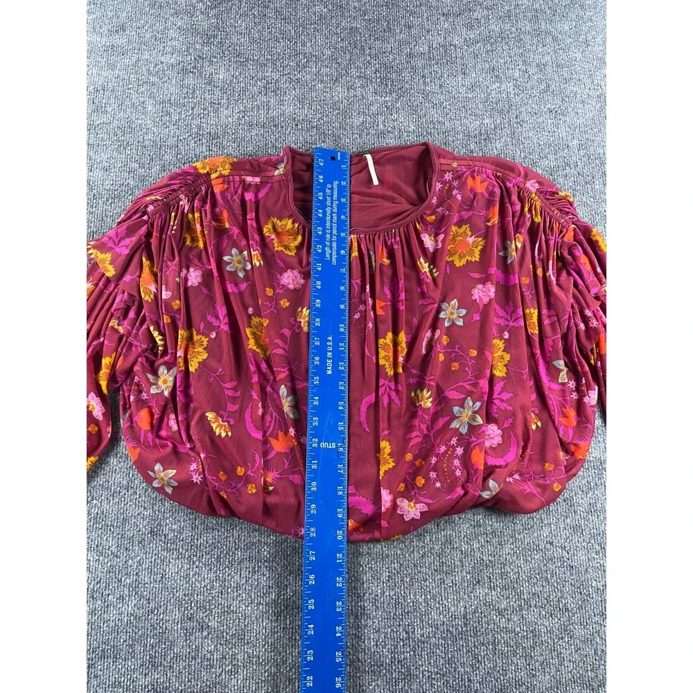 Free People Floral Mesh Bubble Hem Top Burgundy Pink Balloon Sleeve Small